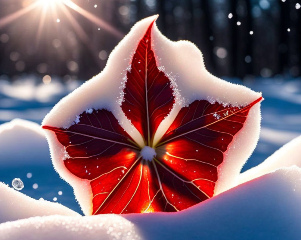 Red leaf on snowy surface with sunlight and forest background