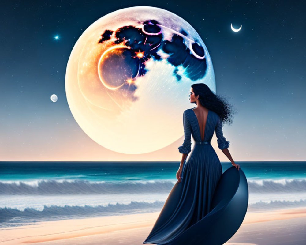 Woman in flowing dress gazes at surreal moon on beach at night