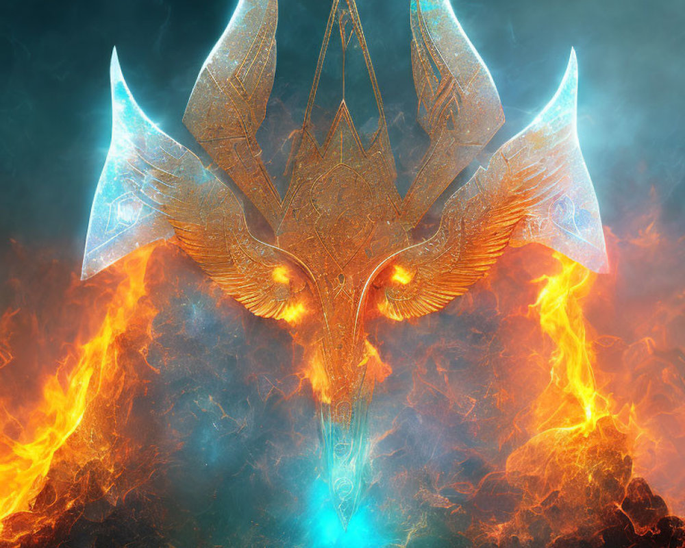 Golden dragon head with glowing eyes in fiery depths against smoky background