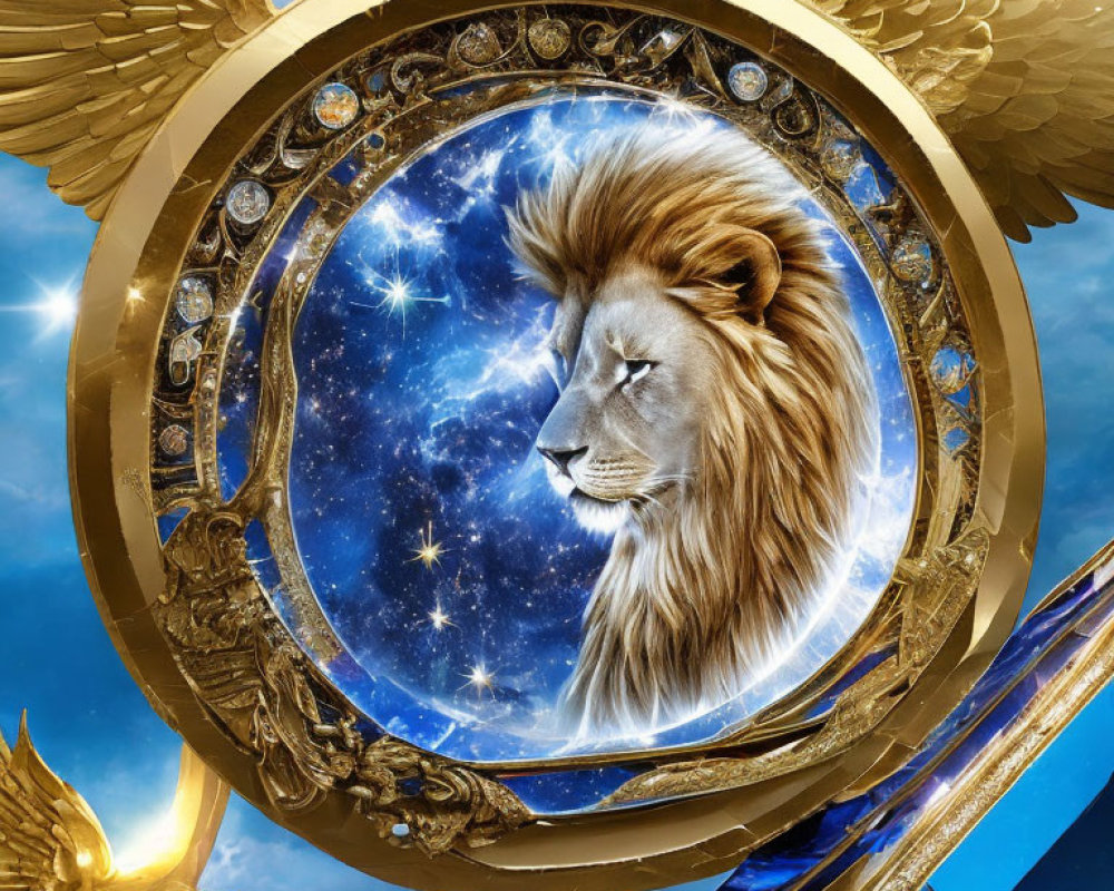 Lion head on cosmic background in golden, jewel-encrusted frame