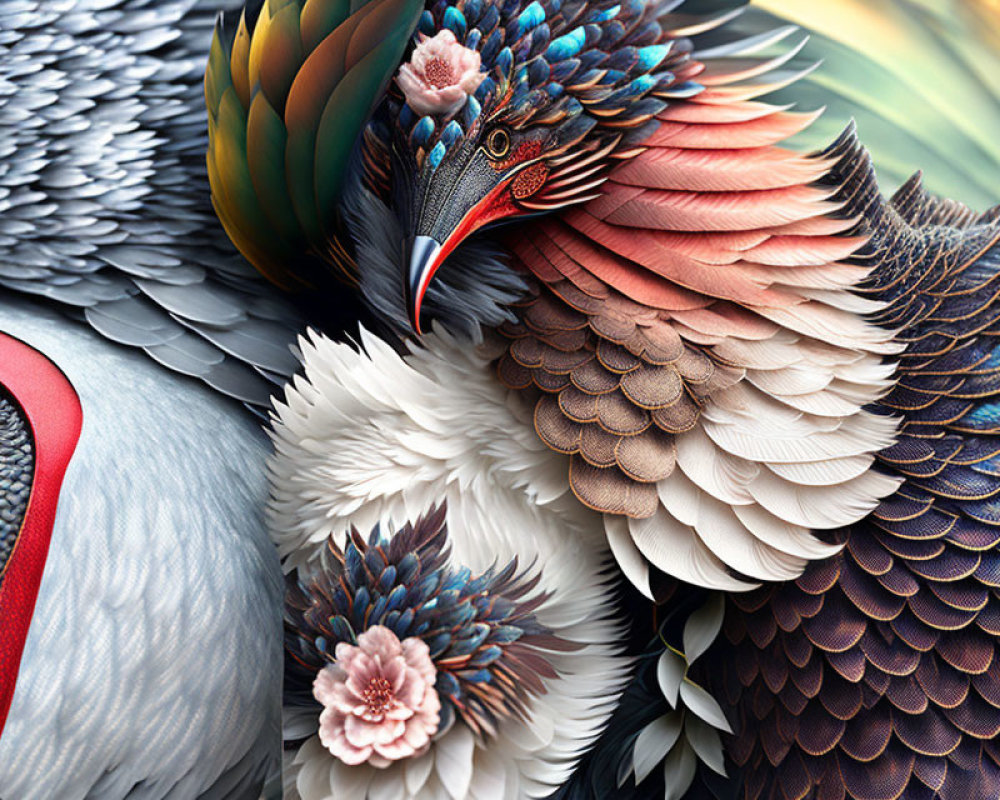 Detailed Close-Up of Colorful Bird Feathers Displayed