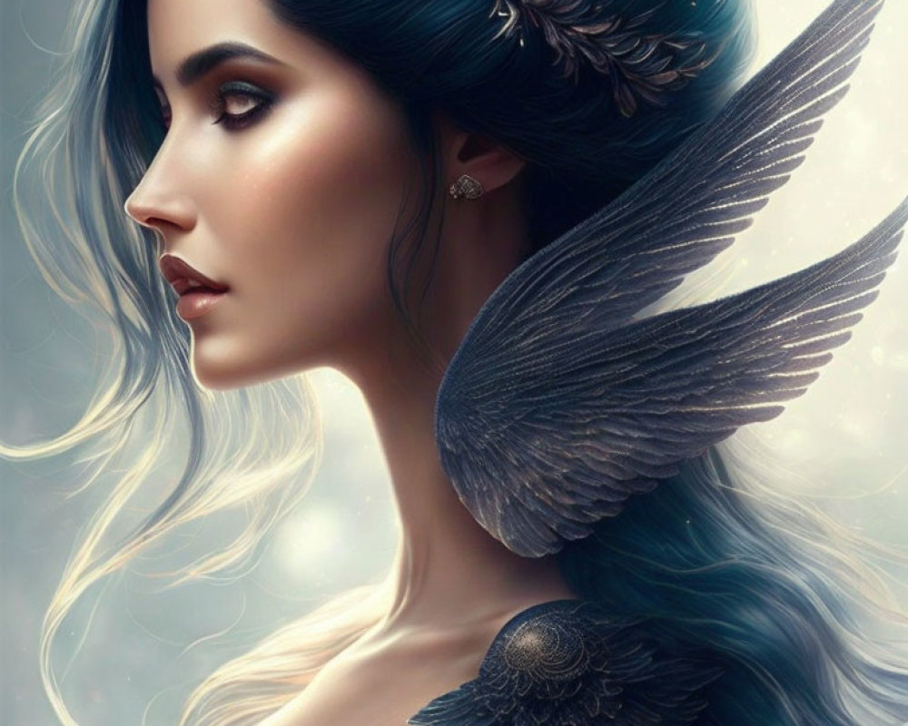 Fantastical woman with dark feathered wings and intricate hair ornamentation.