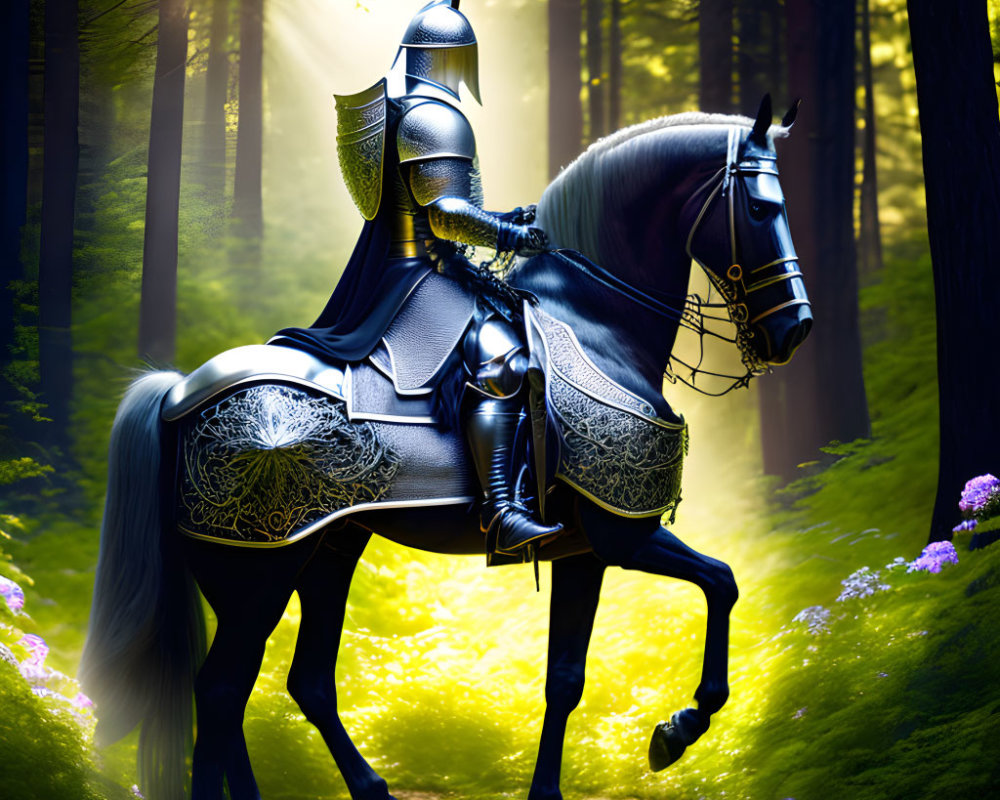 Knight on horseback in sunlit forest with green trees and purple flowers