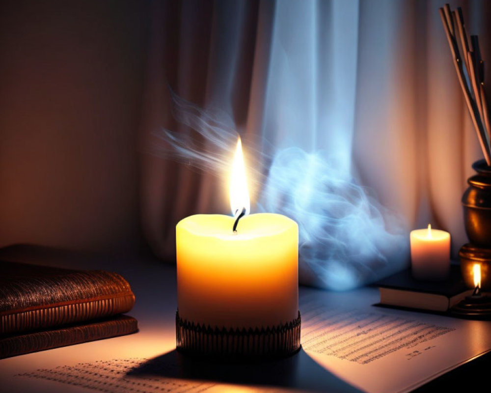 Lit candle with smoke near open book, pen, and smaller candle on desk with soft light through curtains