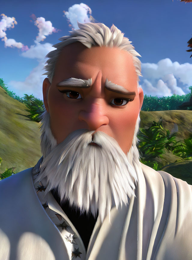 3D animated character with white beard and robe against nature backdrop