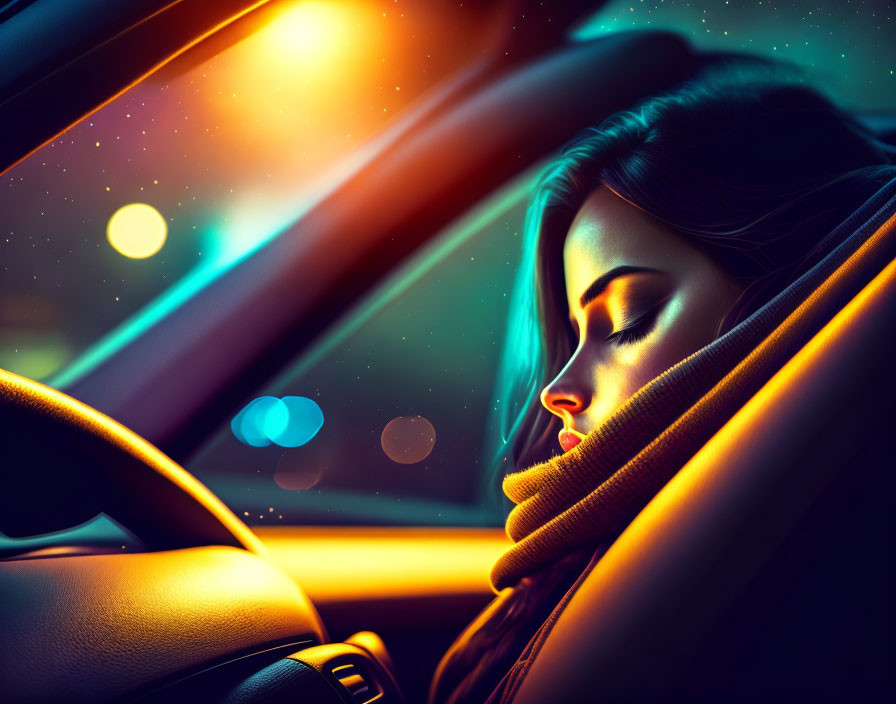 Woman resting head on car's steering wheel at night under vibrant neon lights