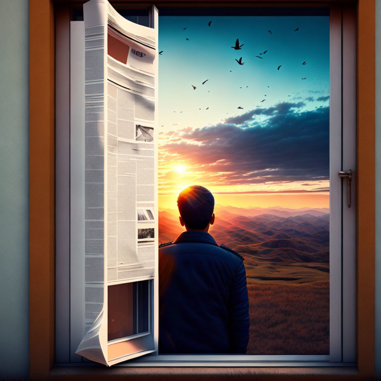 Person gazes out window to newspaper with sunset over hills and birds