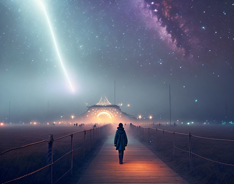 Person walking on wooden boardwalk under night sky with comet and Milky Way visible