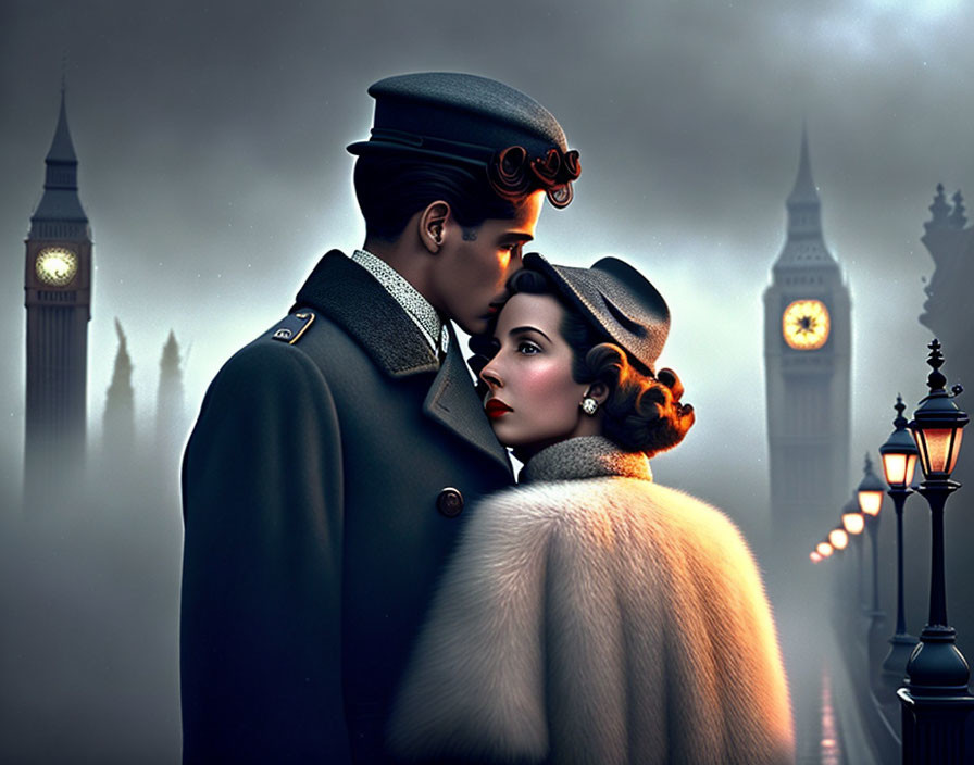 Romantic digital artwork of couple in vintage military attire with Big Ben in foggy street