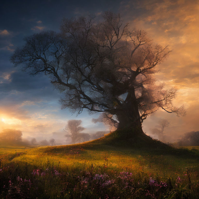 Majestic tree on hill at sunrise with colorful sky and wildflowers in misty landscape