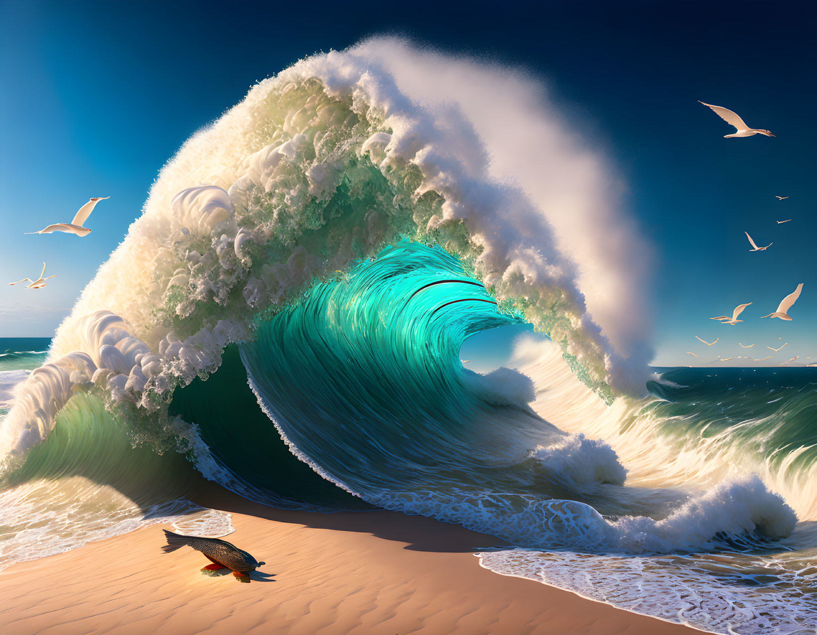 Ocean Wave with Seagulls, Starfish, and Sandy Beach