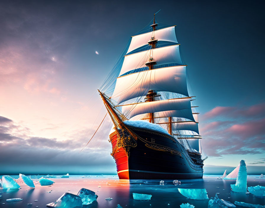 Majestic sailing ship in icy waters under twilight sky