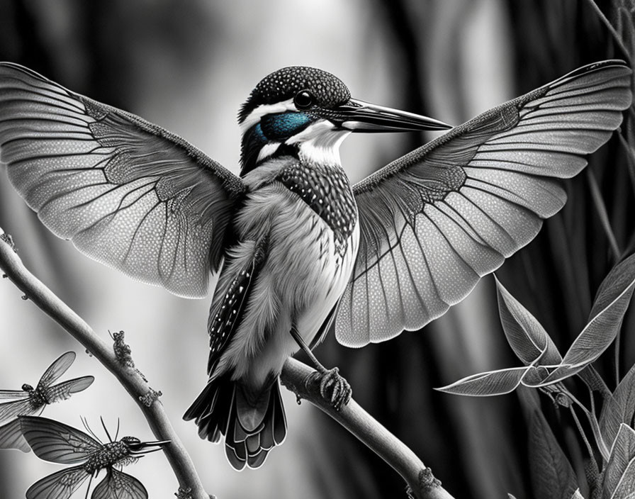 Monochrome photograph of kingfisher with outstretched wings on branch surrounded by leaves and dragonflies