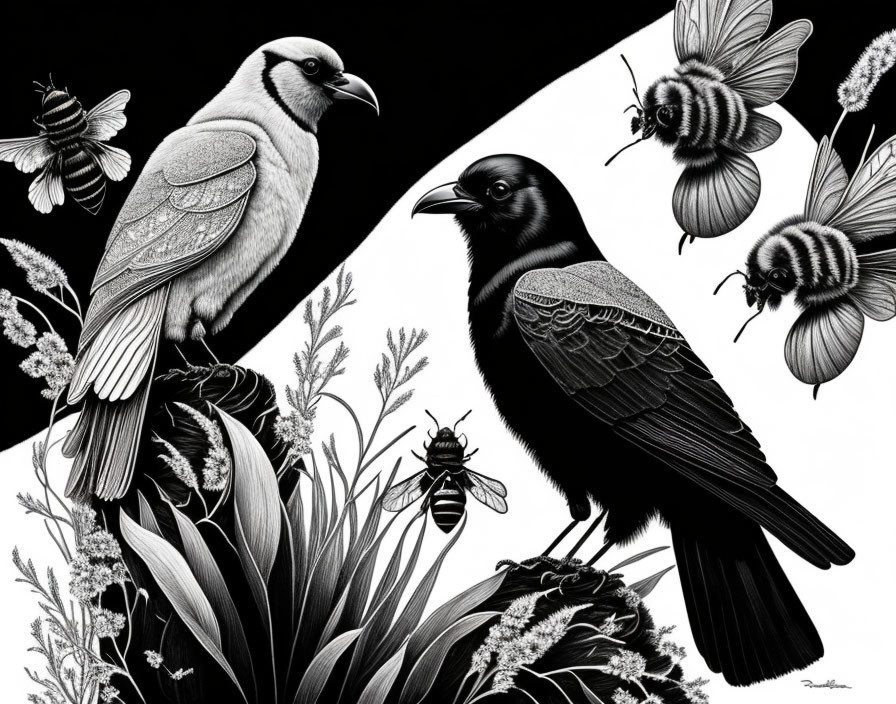 Monochrome illustration of crow, crest bird, bumblebees, and plants with intricate detailing