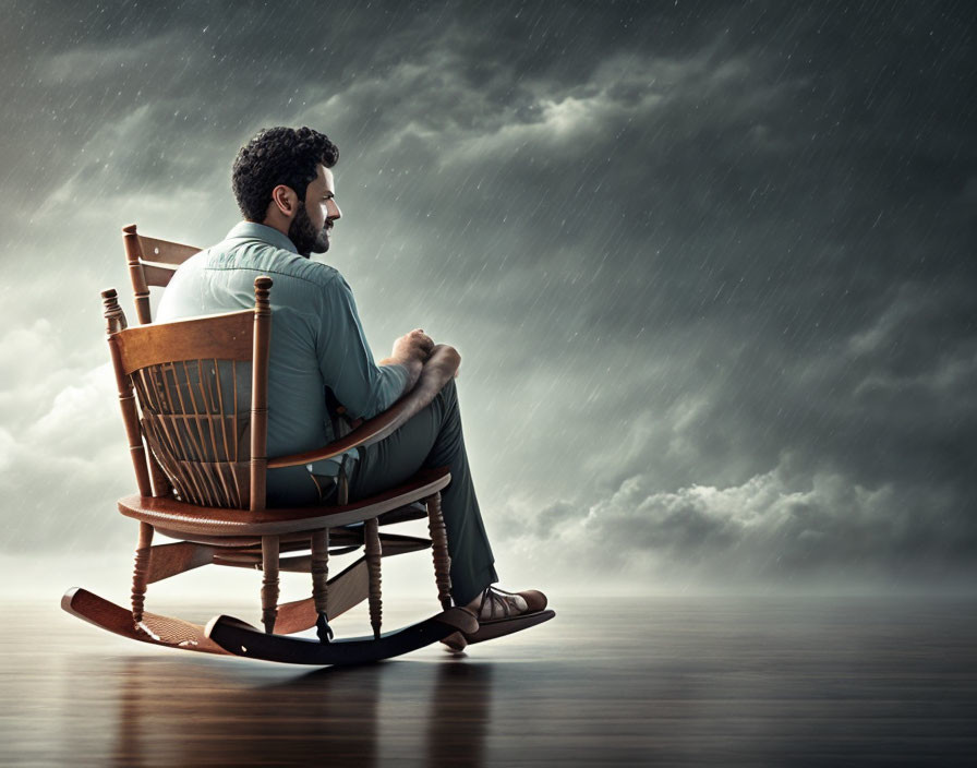 Person sitting in rocking chair on wooden floor under stormy sky