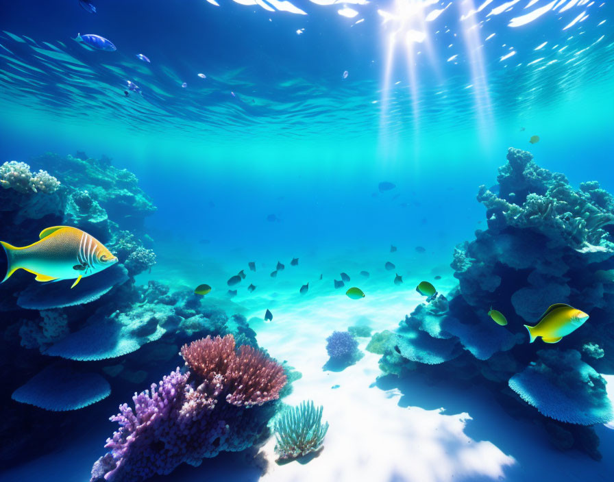 Colorful Coral Reef with Fish and Sunbeams in Clear Blue Ocean