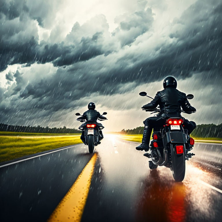 Motorcyclists on wet road under stormy skies with trailing lights.