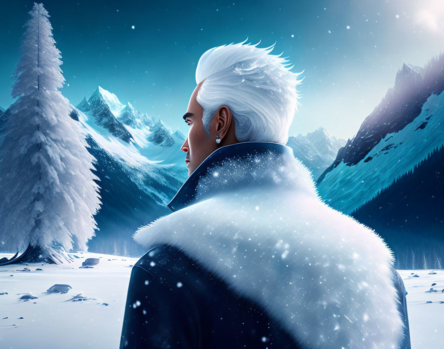 Digital artwork: White-haired person in fur coat gazes at snowy mountain scene