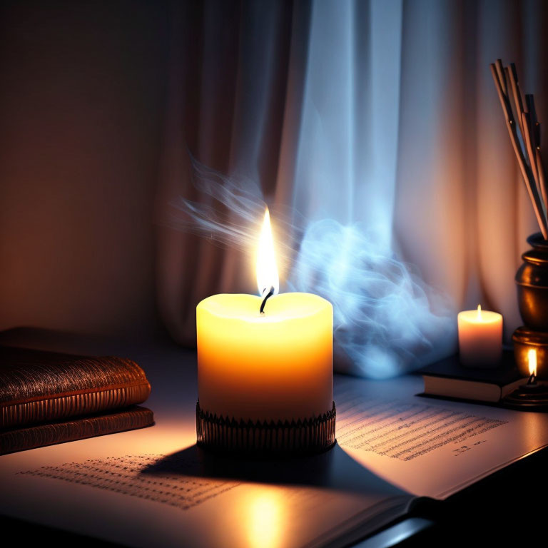 Lit candle with smoke near open book, pen, and smaller candle on desk with soft light through curtains