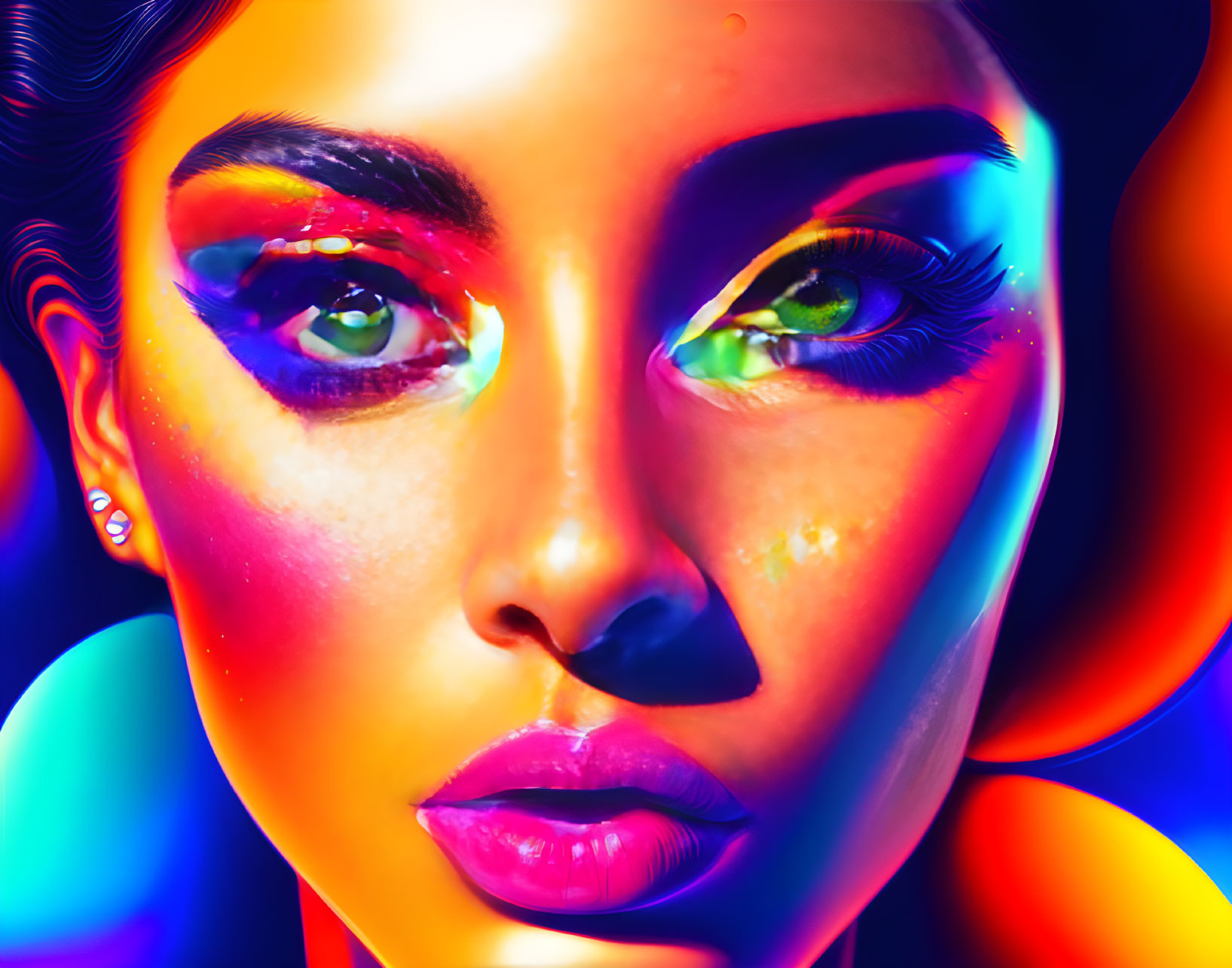 Colorful digital portrait of woman with striking makeup and green eyes