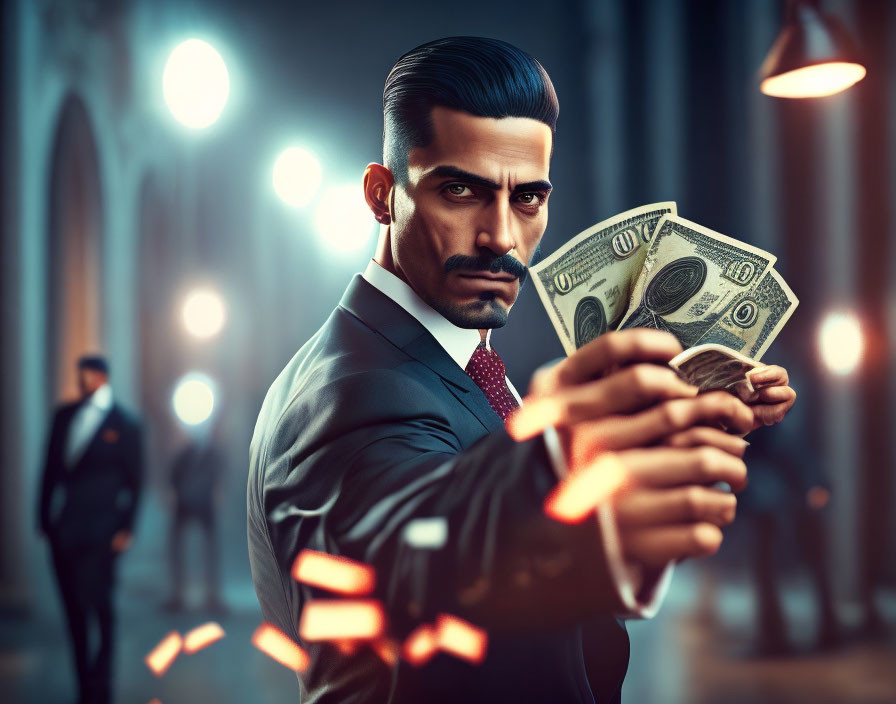 Stylized illustration of man in suit offering money with geometric shapes and background figure