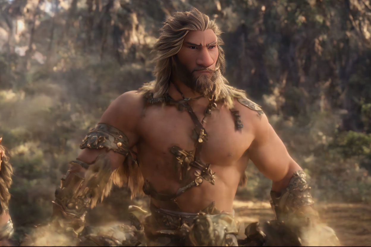 Muscular animated character with long blond hair and beard in forest setting