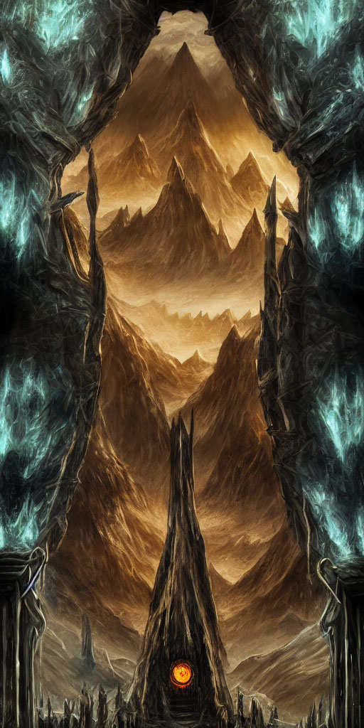 Symmetrical fantasy landscape with fiery eye, dark mountains, and swirling sky