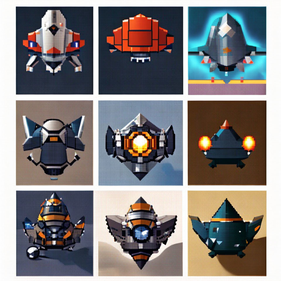 Nine Pixel Art Spaceship Designs on Gradient Background