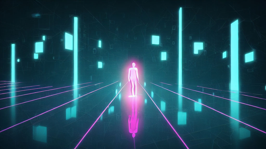 Neon-lit digital landscape with glowing humanoid figure and geometric shapes