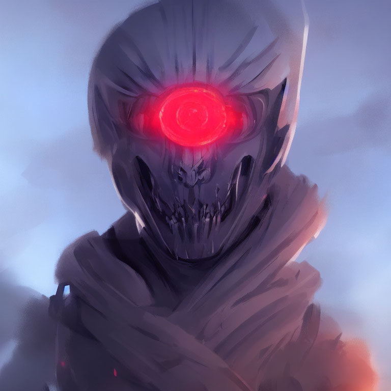 Menacing figure with glowing red eye and skeletal metallic face.