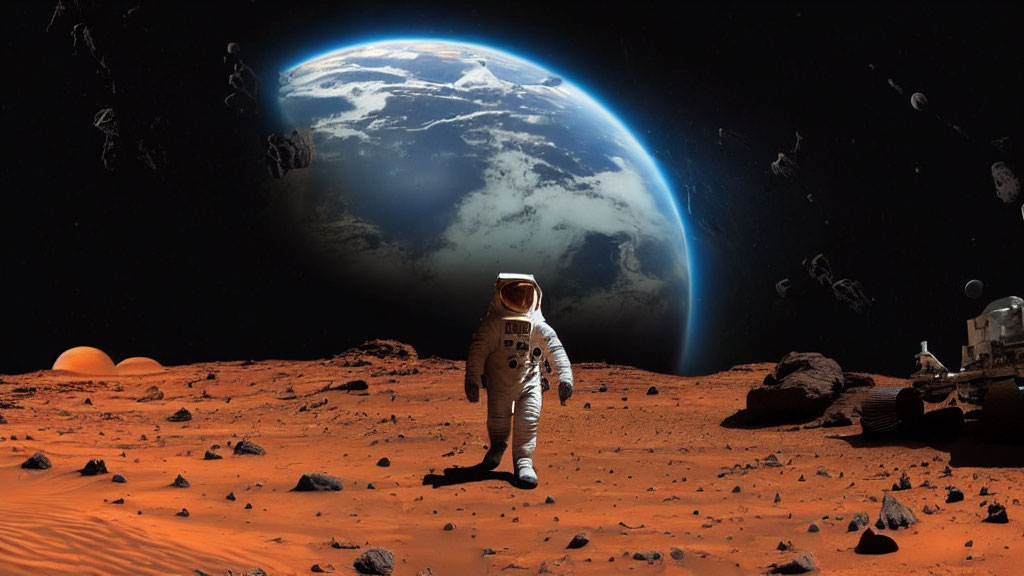 Astronaut on Martian Surface Views Earth Rising Above Horizon