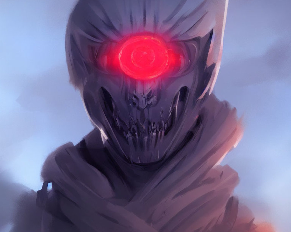 Menacing figure with glowing red eye and skeletal metallic face.