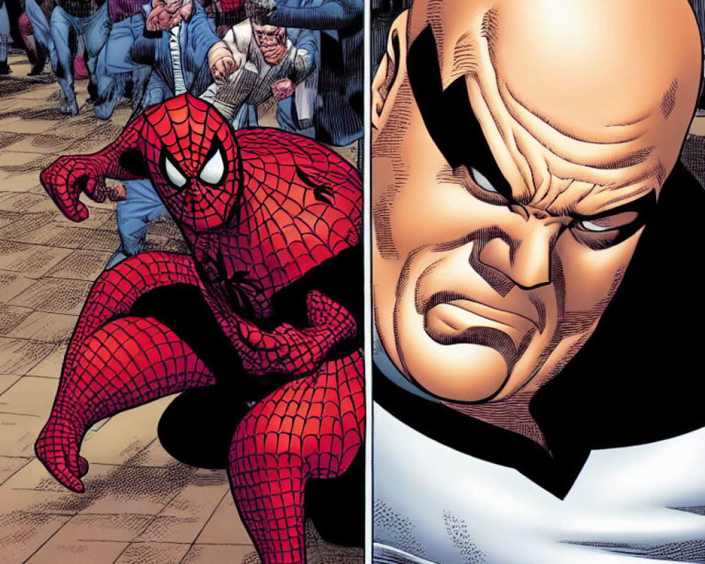 Split Comic Book Image: Spider-Man in Defensive Pose & Frowning Bald Character