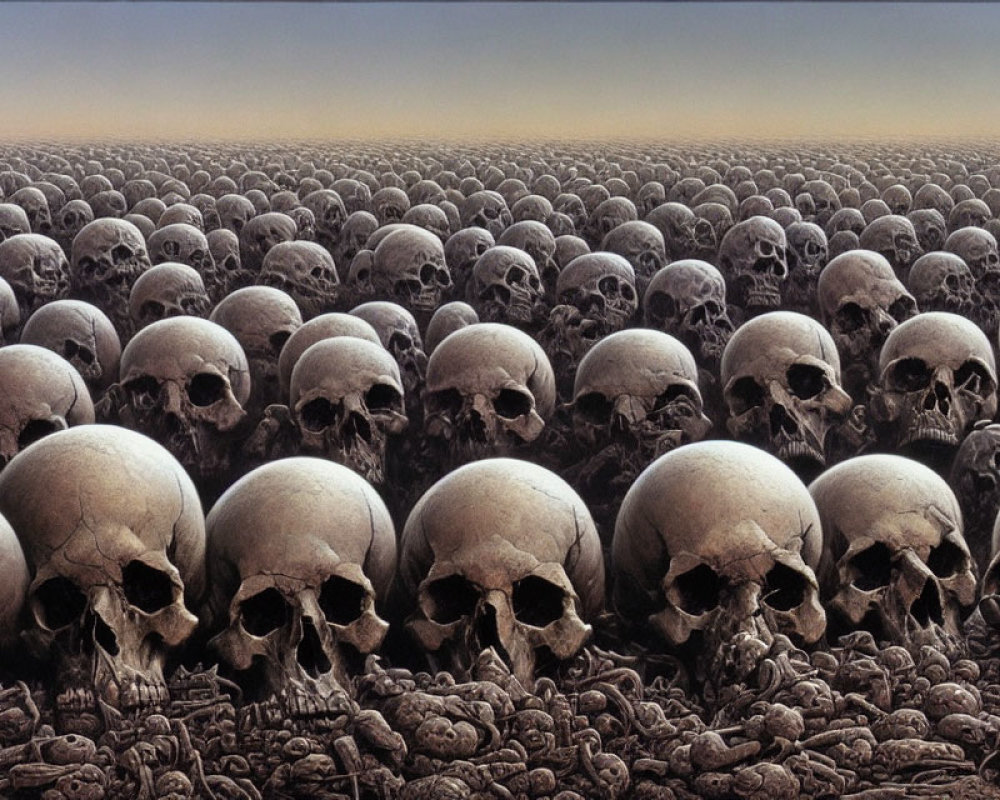 Eerie landscape of vast field with human skulls and bones