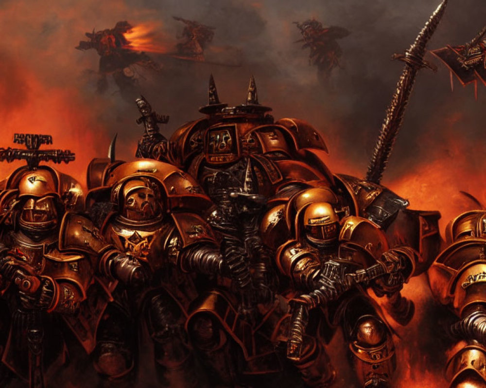 Armored space marines in flames with flying war machines overhead.