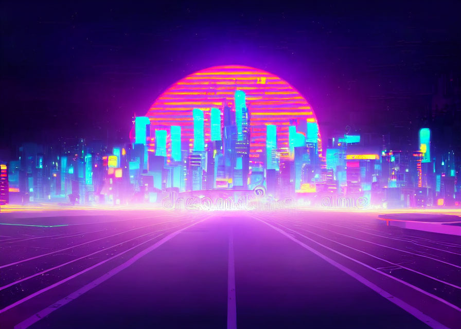 Futuristic neon-lit cityscape with skyscrapers and glowing celestial body