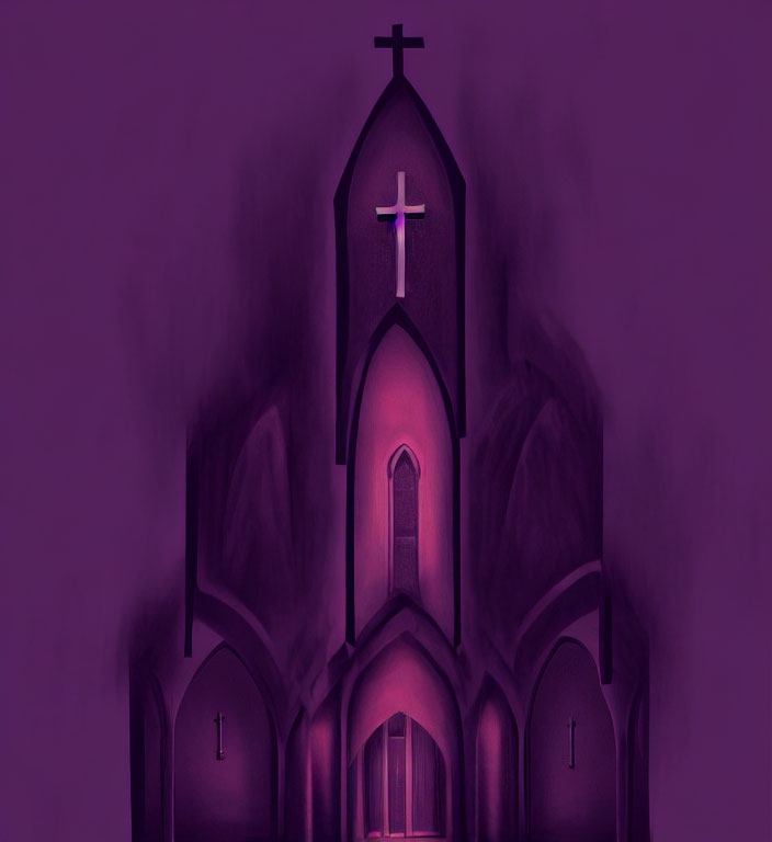 Purple-toned gothic church illustration with prominent cross.