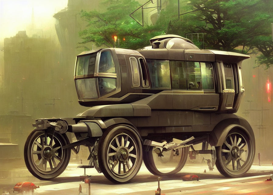 Retro-futuristic vehicle with large wheels in urban setting