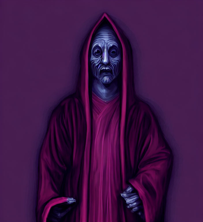 Mysterious figure in red cloak with mask-like face on purple background