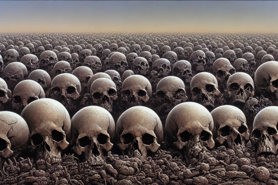 Eerie landscape of vast field with human skulls and bones