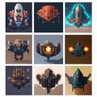 Nine Pixel Art Spaceship Designs on Gradient Background