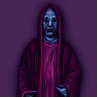 Mysterious figure in red cloak with mask-like face on purple background