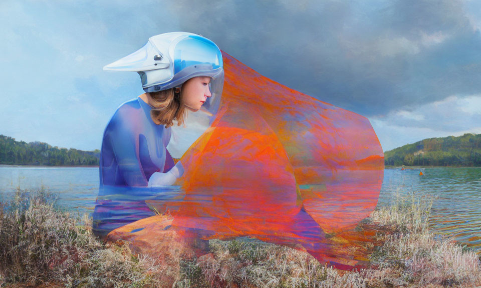 Person wearing helmet merges with transparent orange layer in surreal lakeside landscape.