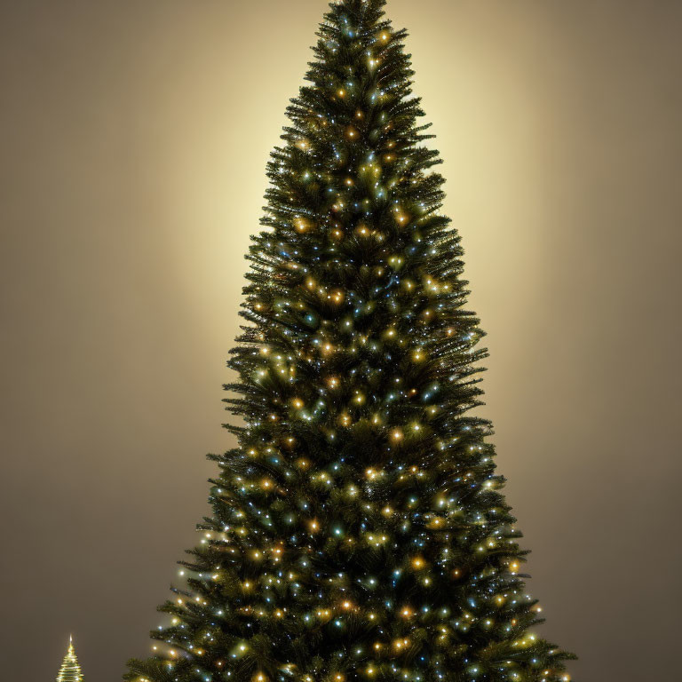 Tall Artificial Christmas Tree with White Lights on Dark Background