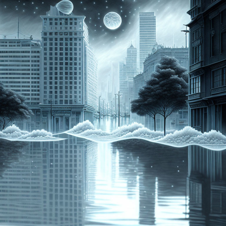 Night cityscape with moon, snow, and reflections.