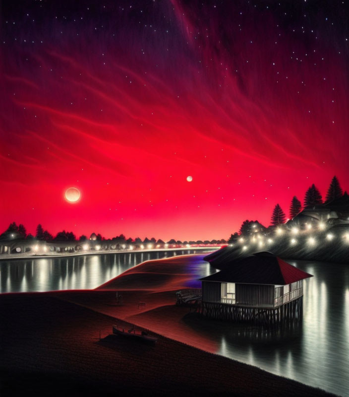 Surreal nightscape: Glowing red sky, stars, lake, boathouse, sil