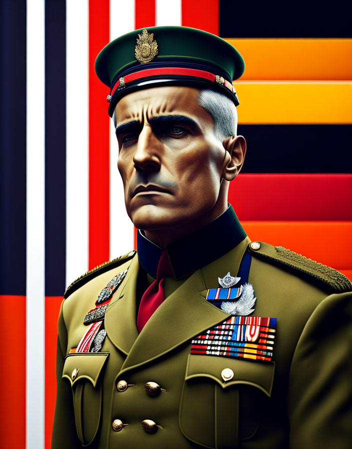 Military Officer Portrait with Medals on Colorful Striped Background