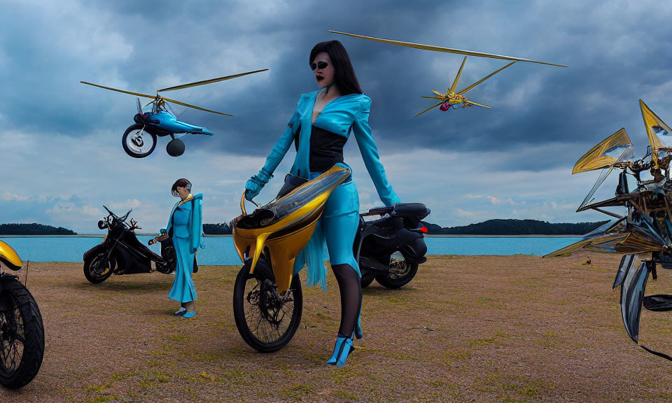 Confident person in blue suit with futuristic motorcycles and drones on cloudy day