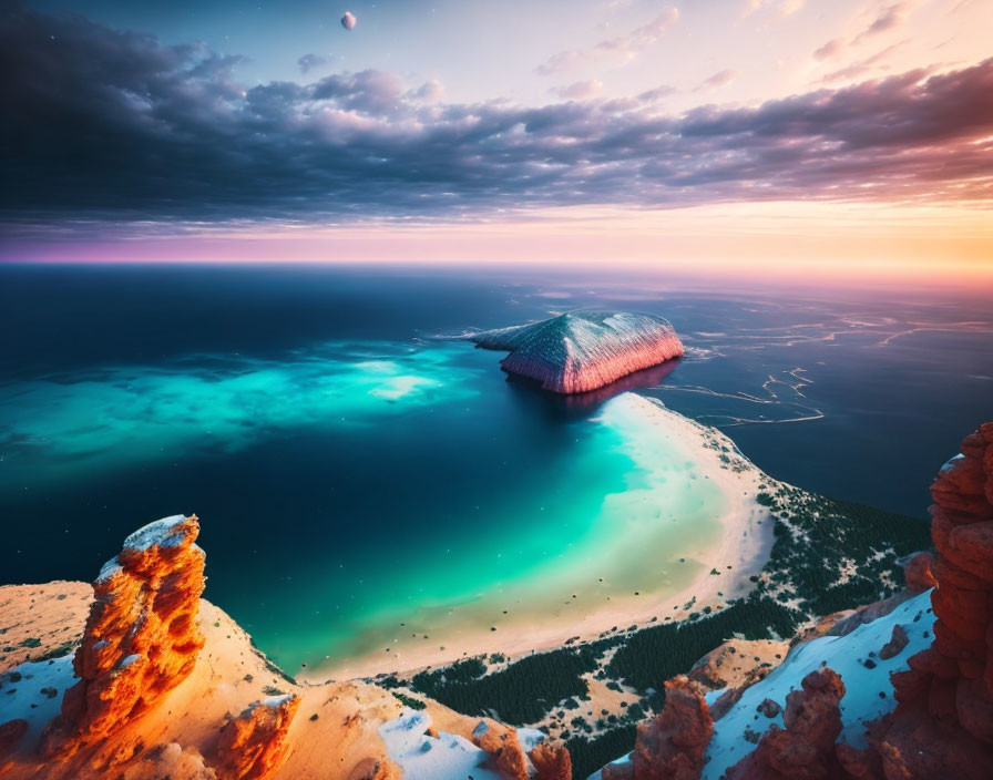 Dramatic coastline with turquoise waters, sandy beach, and rugged cliffs at sunset