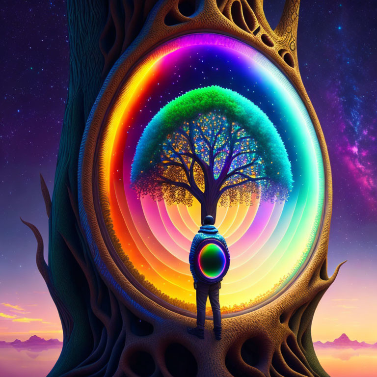 Vibrant cosmic tree with rainbow aura under starlit sky